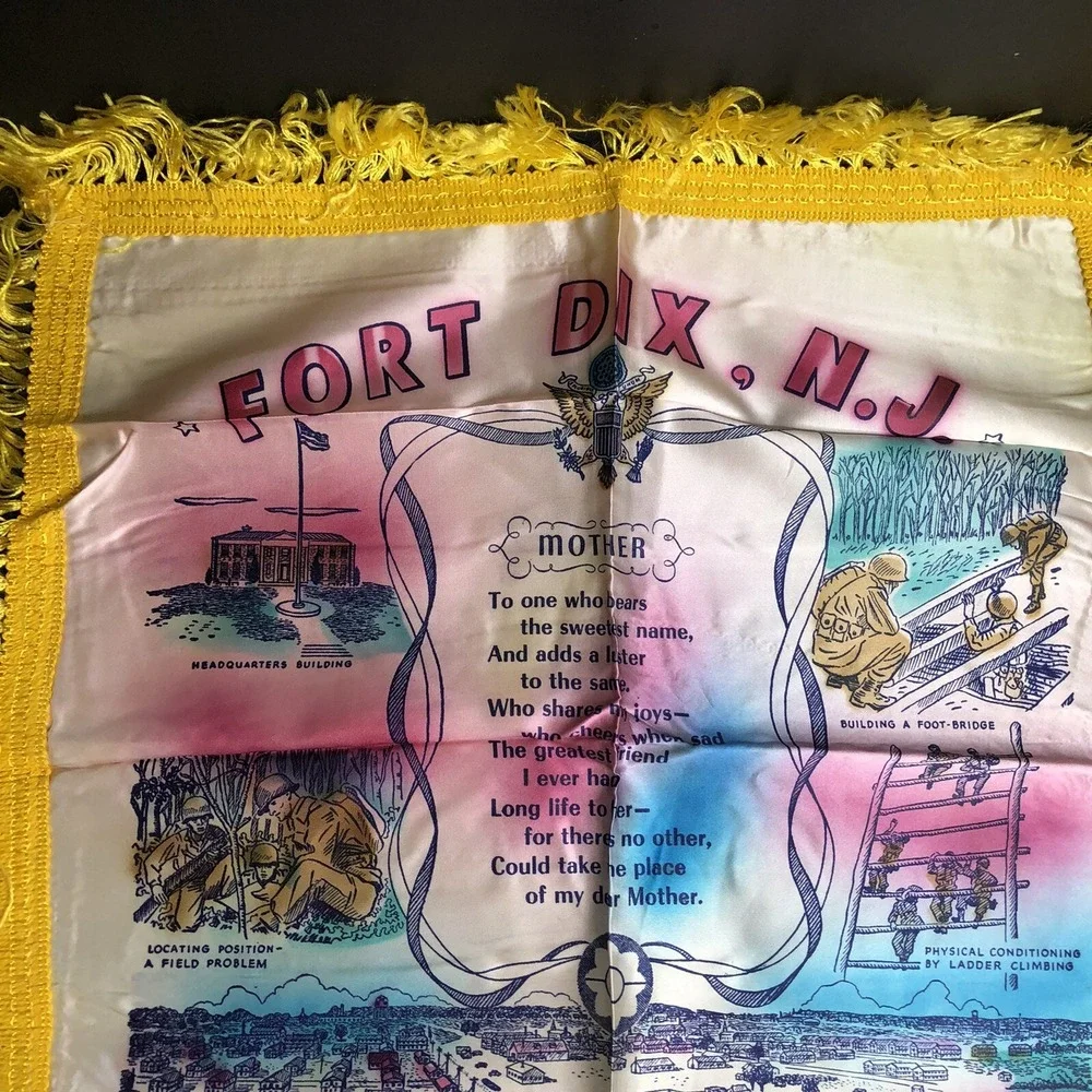 WWII US Army Fort Dix NJ Mother Satin Pillowcase Cover Tassel Vintage Retro